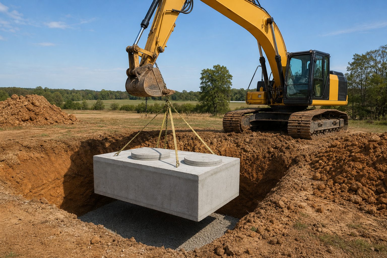 Excavator lowering a concrete septic tank into a prepared excavation