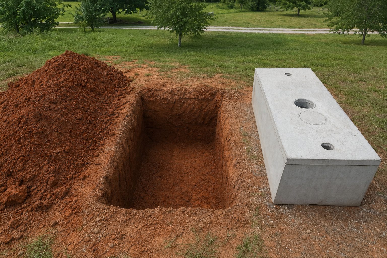 Open excavation for a residential septic tank in East Tennessee clay soil