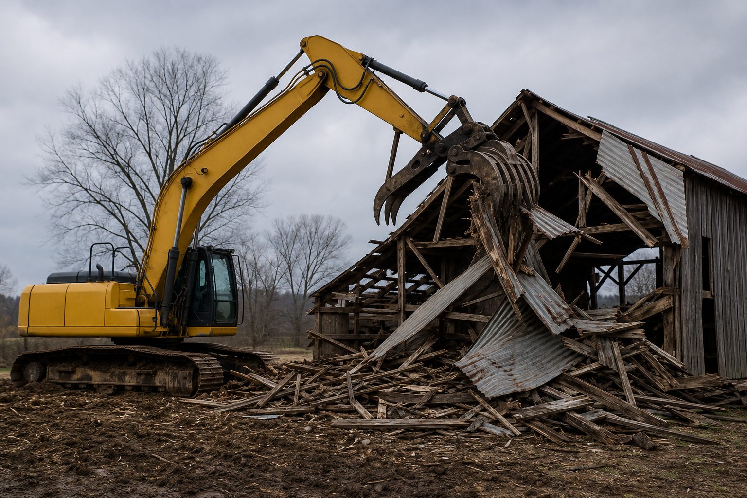 Excavator demolishing an old wooden barn on a rural Tennessee property