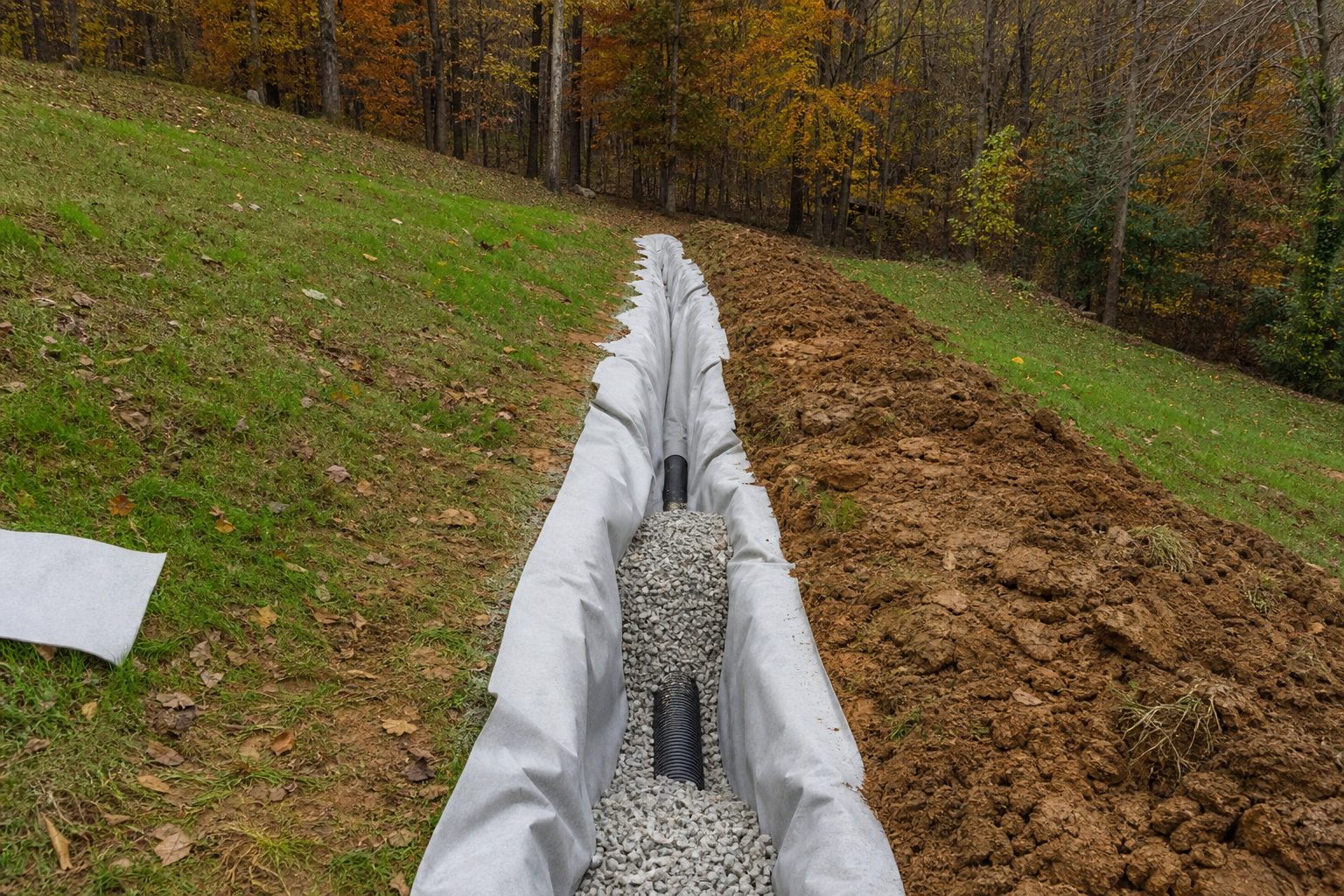 French drain being installed on a sloped East Tennessee property