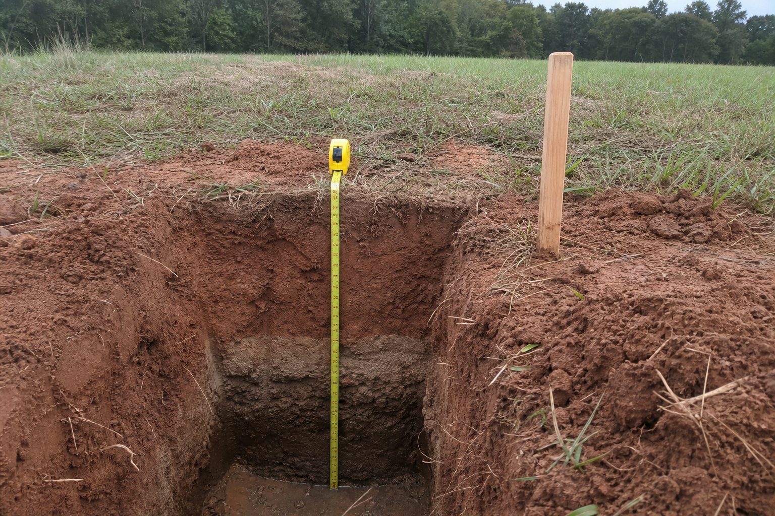 Soil evaluation test pit dug on a rural Tennessee lot