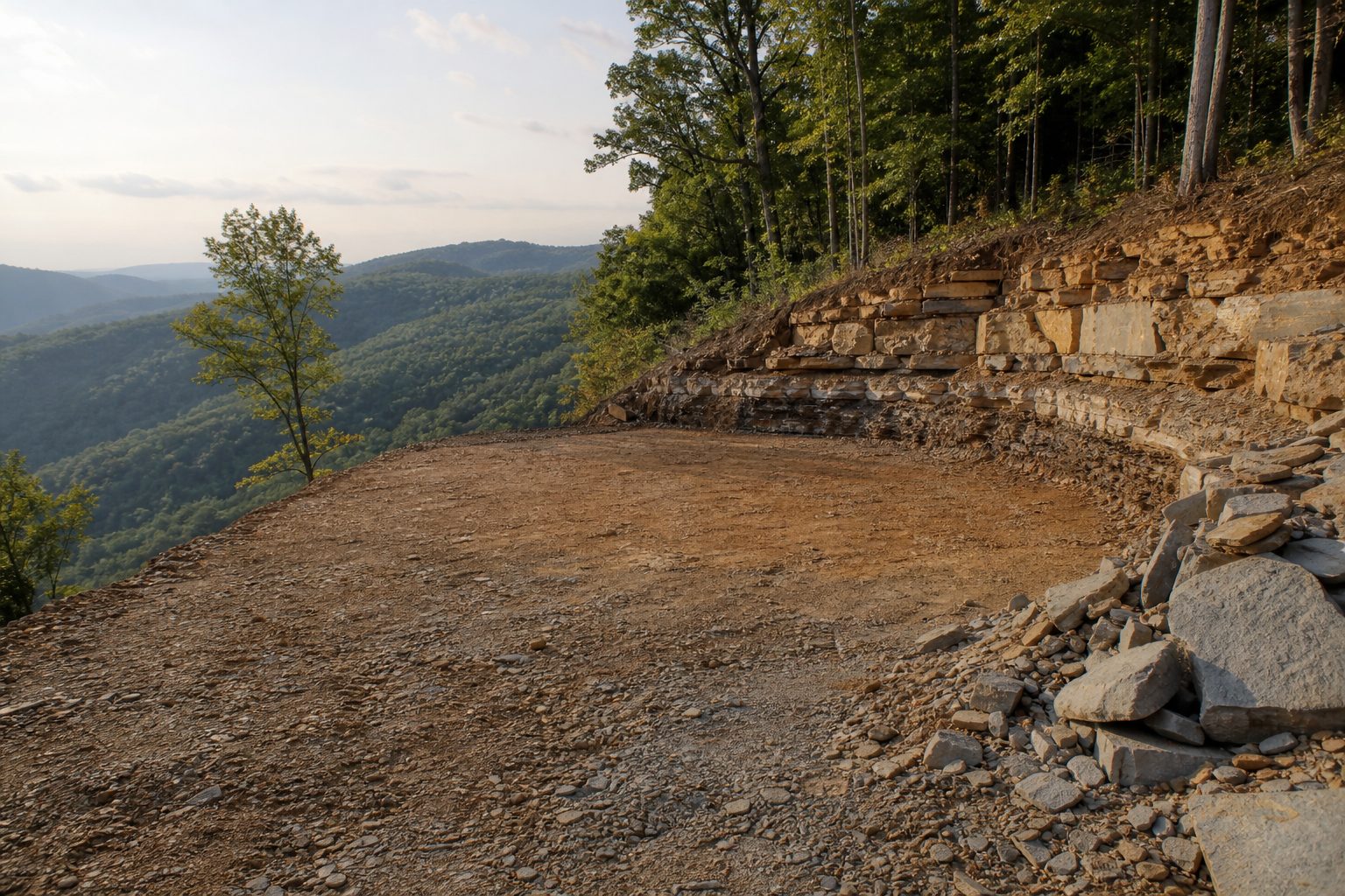 Building pad cut into a rocky hillside with an exposed rock shelf along the cut face