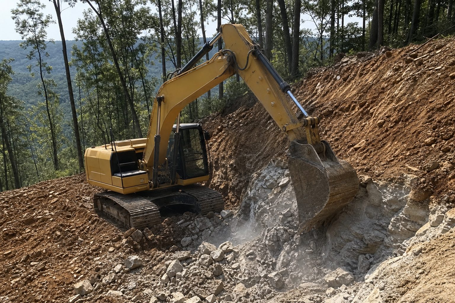 Excavator working through shallow rock on a steep wooded Cumberland Plateau building site