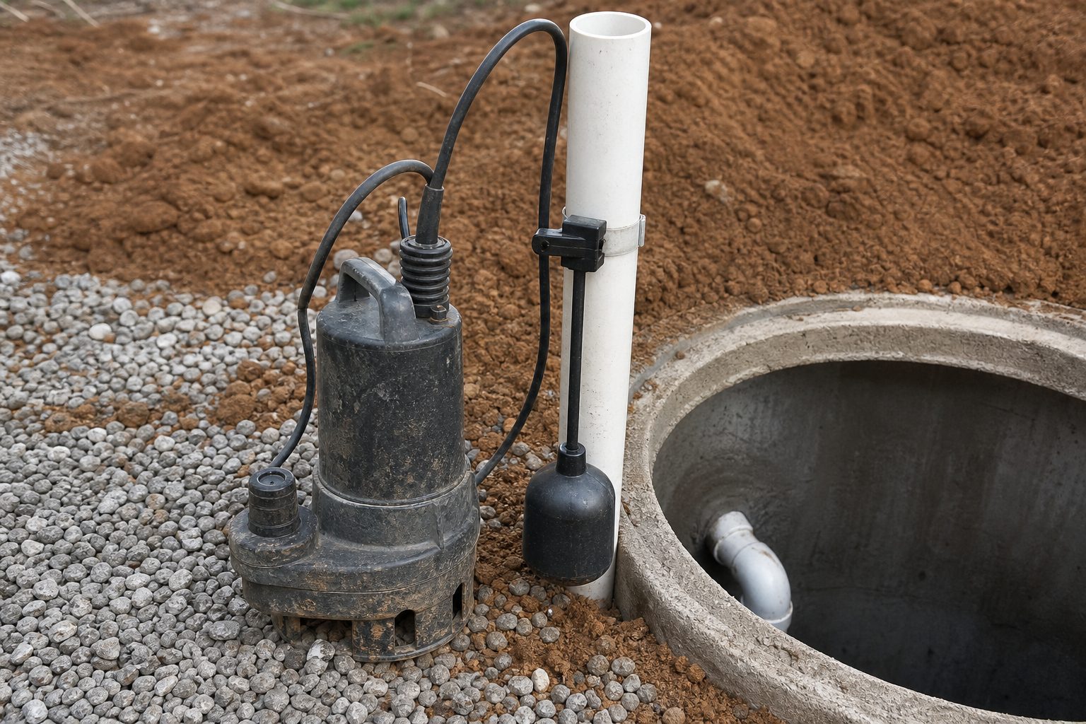 Septic effluent pump and control floats beside an open pump tank