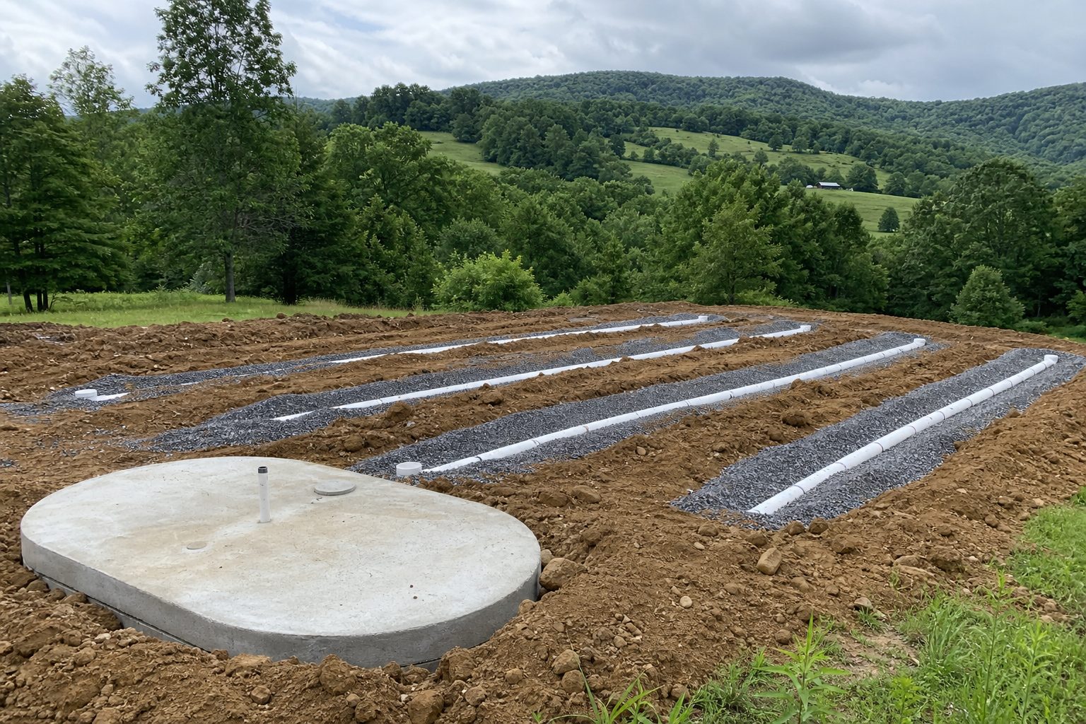 Newly installed residential septic drain field on a rural East Tennessee property